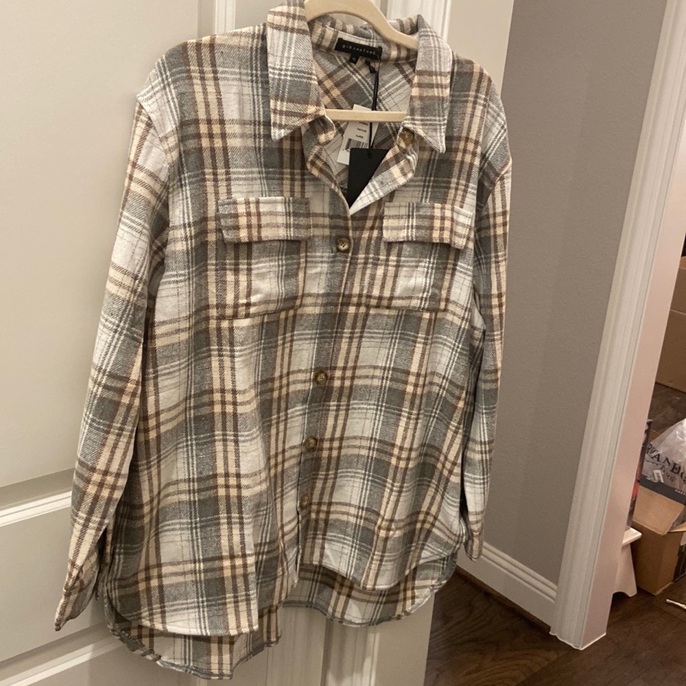 Renee C. Oversized Plaid Button-Up Shirt Jacket in Cream, Brown and Gray